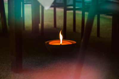 Close-up of lit candles on table