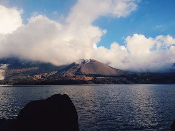 Scenic view of lake against cloudy sky