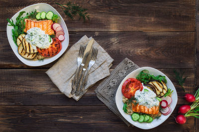 High angle view of fish served on table