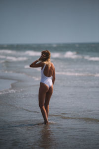 Rear view of seductive woman wearing one piece swimsuit while standing on shore at beach
