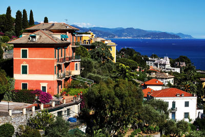 High angle view of cinque terre by sea against sky