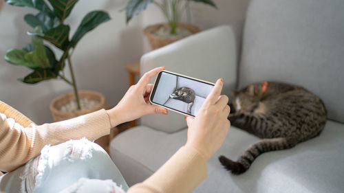 Midsection of woman using mobile phone