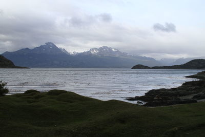 Scenic view of lake against cloudy sky