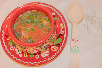 High angle view of soup in bowl