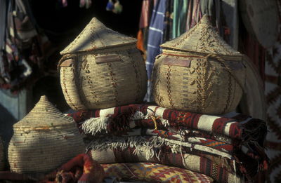 High angle view of clothes hanging for sale