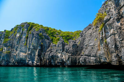 Rock formations by sea against clear blue sky