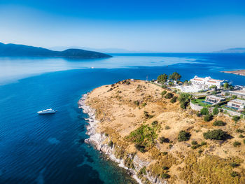 Beautiful nature landscape of greece island with luxury boat mediterranean sea, water travel, summer