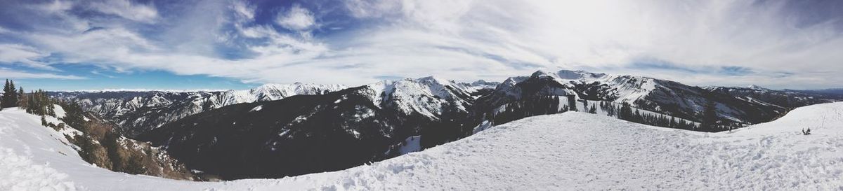 Panoramic view of mountains against sky during winter