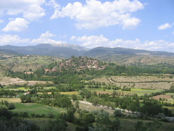 Scenic view of agricultural field against sky