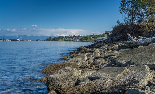 Scenic view of rocks on beach against sky