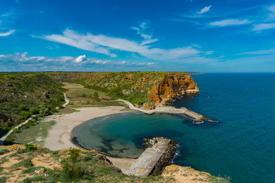 High angle view of sea against blue sky