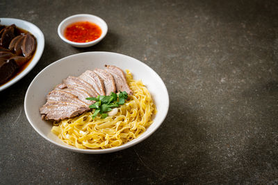 High angle view of food in bowl on table