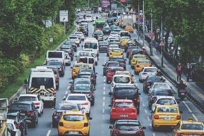 High angle view of traffic on road in city