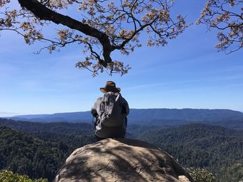 Rear view of man sitting on rock against sky