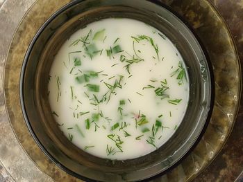 High angle view of soup on table