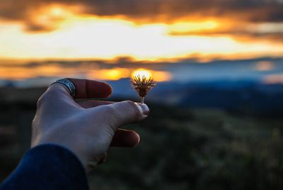 Close-up of hand holding hands against sky during sunset