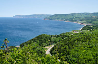 High angle view of bay against clear sky