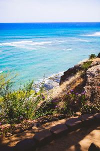 Scenic view of sea against blue sky