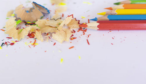 High angle view of multi colored pencils on table