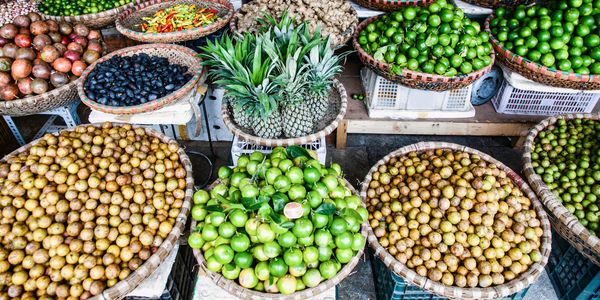 High angle view of fruits for sale at market stall