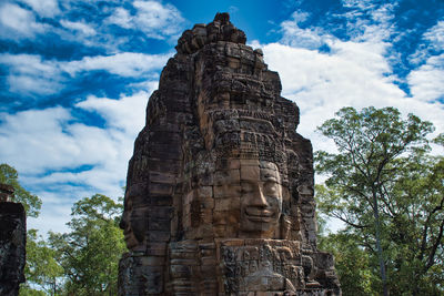 Bayon faces at the bayon, prasat bayon richly decorated khmer temple at angkor in cambodia