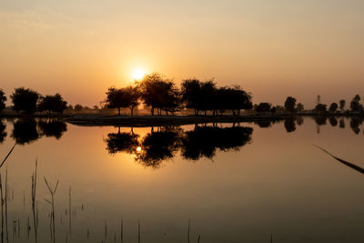 Silhouette trees by lake against sky during sunset