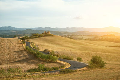 Volterra, tuscany, italy. august 2020. amazing panorama of the tuscan countryside . golden hour.