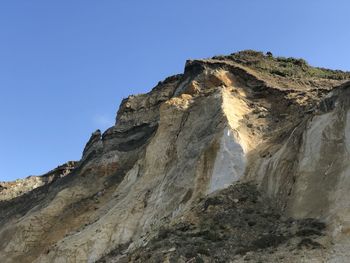 Low angle view of rock formations against clear blue sky