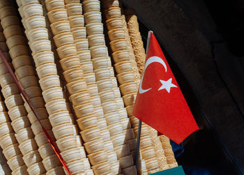 Low angle view of wicker basket on building