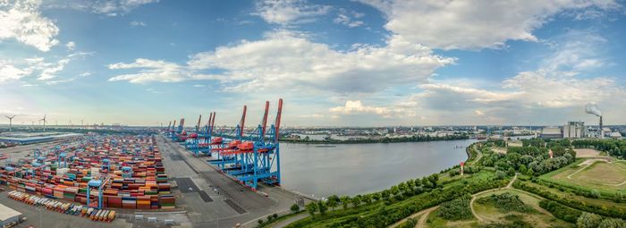 High angle view of commercial dock against sky