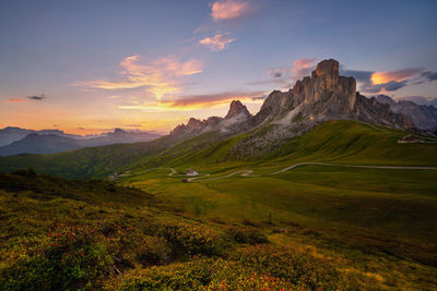 Scenic view of mountains against sky during sunset