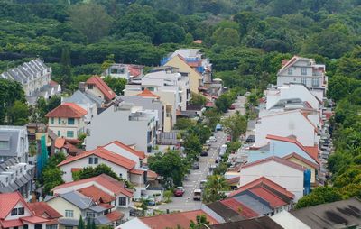 High angle view of buildings in town