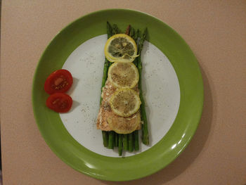 High angle view of breakfast served in plate