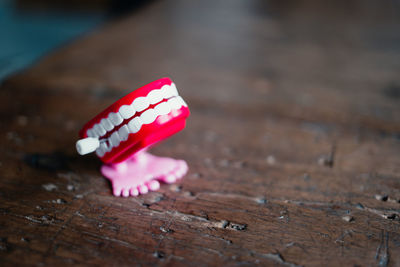 Close-up of dental equipment on wooden table