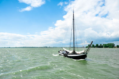 Sailboat sailing on sea against sky