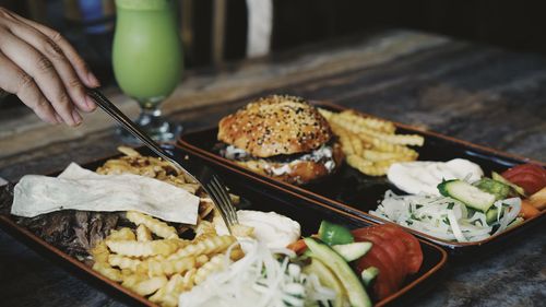 High angle view of food in plate on table