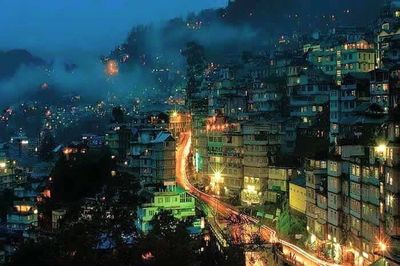 High angle view of city street at night