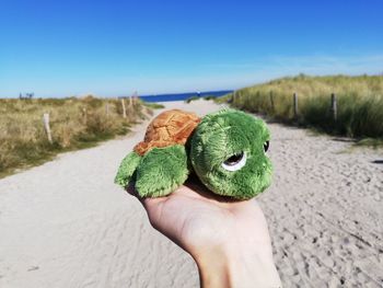 Cropped hand holding turtle toy at beach against blue sky