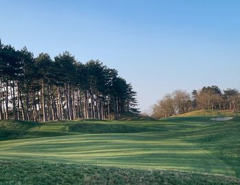 Scenic view of golf course against clear sky