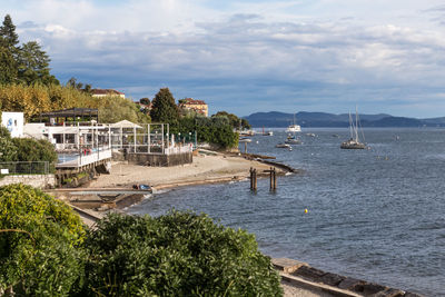 Scenic view of bay against sky