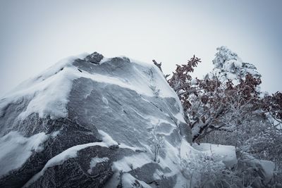 Low angle view of snowcapped mountain against clear sky