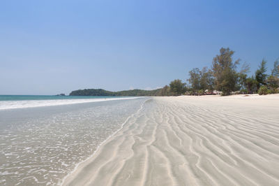 Scenic view of beach against clear blue sky