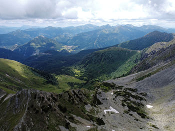 Scenic view of valley and mountains against sky