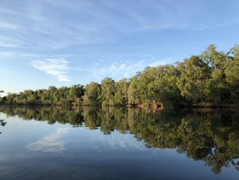 Scenic view of lake by trees against sky