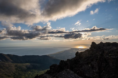 Scenic view of mountains against sky during sunset