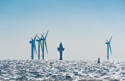Windmills on sea against clear sky