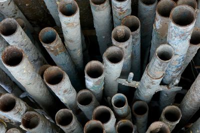 Full frame shot of old rusty metallic pipes
