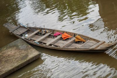 High angle view of boat moored in river