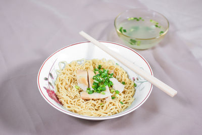 High angle view of food in bowl on table