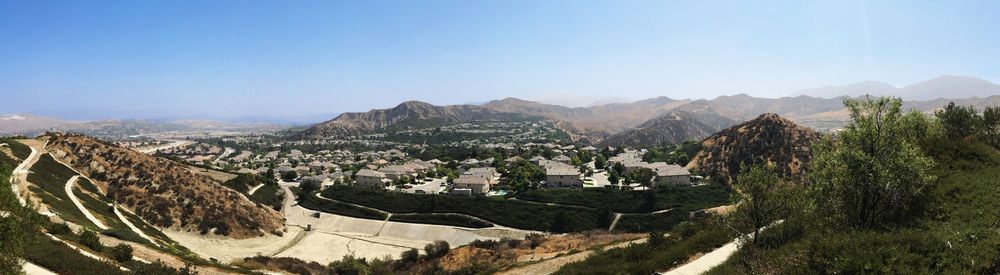 Panoramic shot of buildings against clear sky